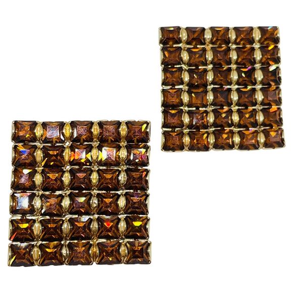 RHINESTONE EARRINGS Amber Dangle Studs Faceted Crystal Gem  Vintage gold tone amber rhinestoned square designer pierced earrings